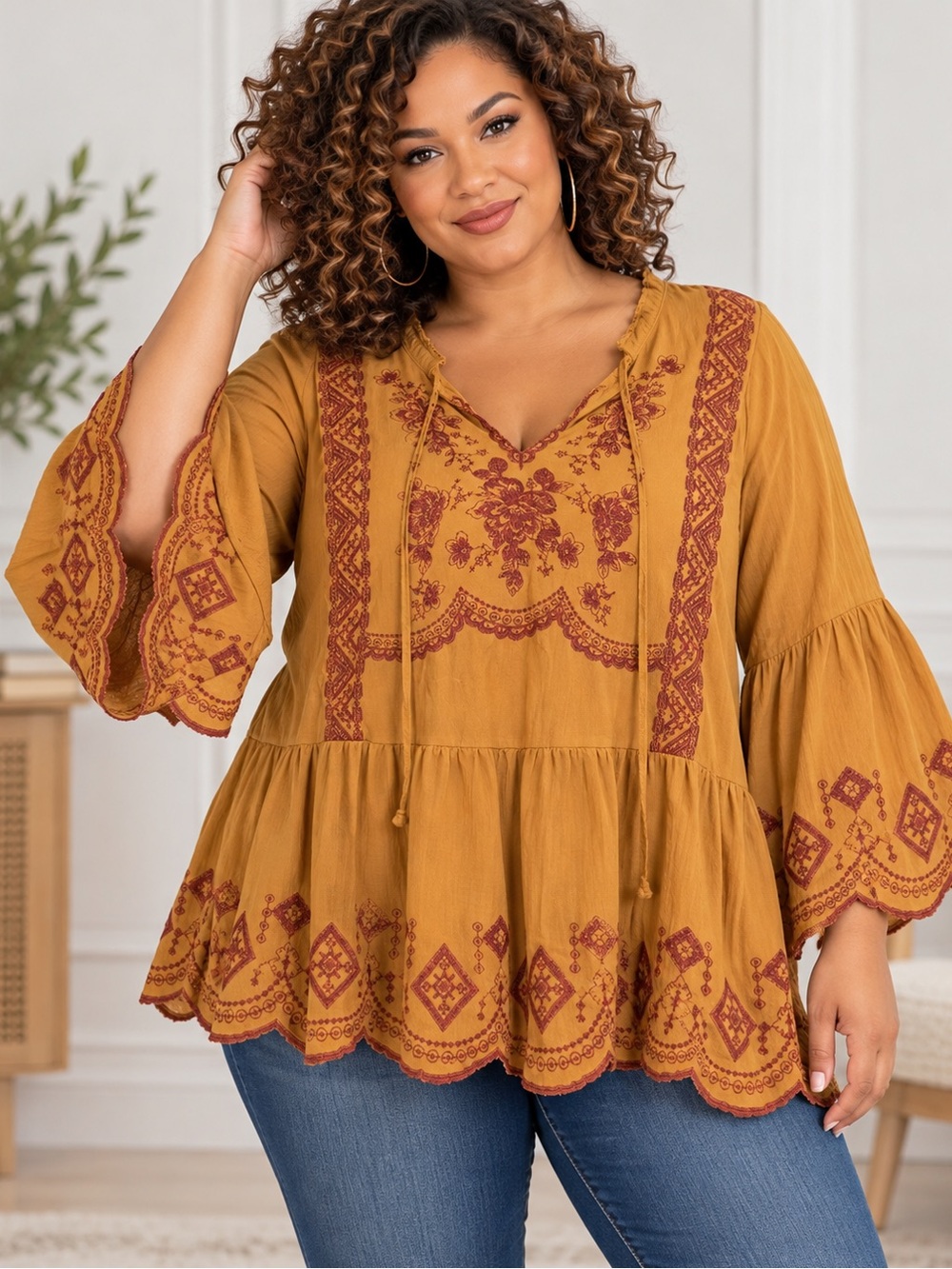 Cato Plus Size 18/20W Mustard Embroidered Boho Bell Sleeve Peplum Tunic